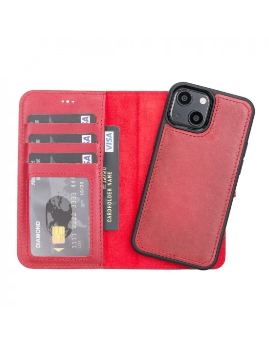 ÇOK SATAN Apple iPhone 13 Mini Uyumlu Deri Cüzdanlı Kılıf V4EF Kırmızı