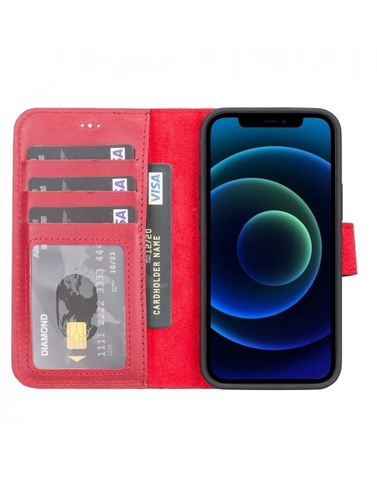 ÇOK SATAN Apple iPhone 13 Mini Uyumlu Deri Cüzdanlı Kılıf V4EF Kırmızı