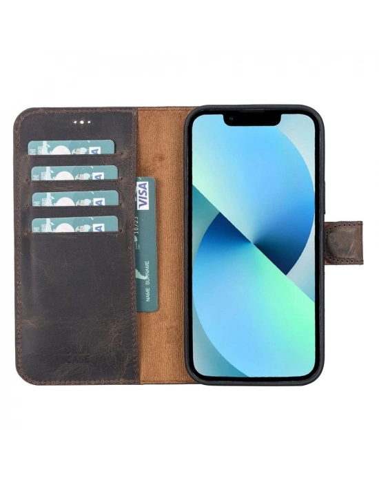 ÇOK SATAN Apple iPhone 13 Pro Max Uyumlu Deri Cüzdanlı Kılıf Acı Kahve