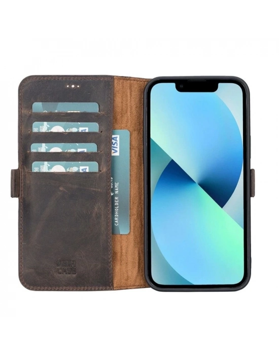 ÇOK SATAN Apple iPhone 13 Pro Max Uyumlu Deri Cüzdanlı Kılıf Acı Kahve