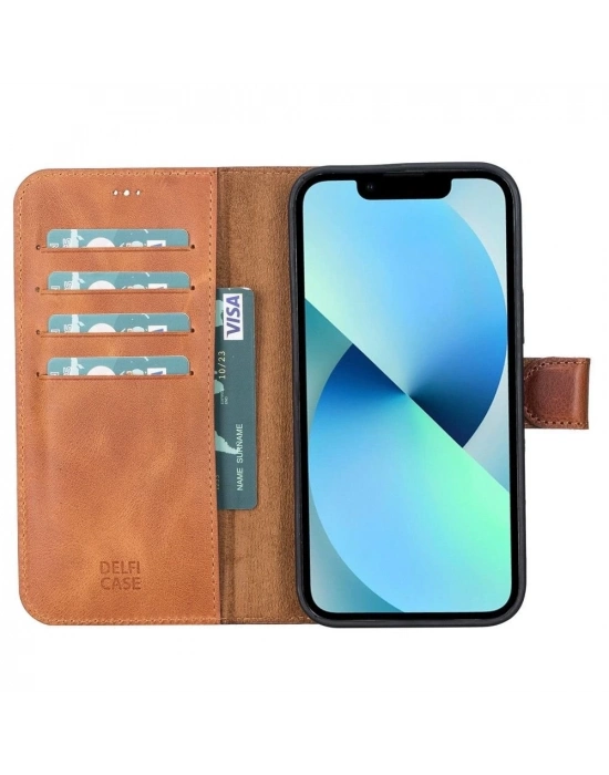ÇOK SATAN Apple iPhone 13 Pro Max Uyumlu Deri Cüzdanlı Kılıf Antik Taba