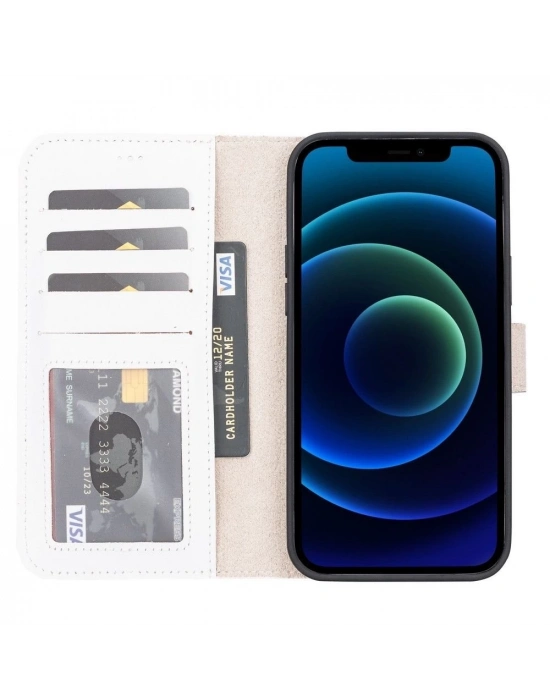 ÇOK SATAN Apple iPhone 13 Pro Max Uyumlu Deri Cüzdanlı Kılıf F3 Beyaz