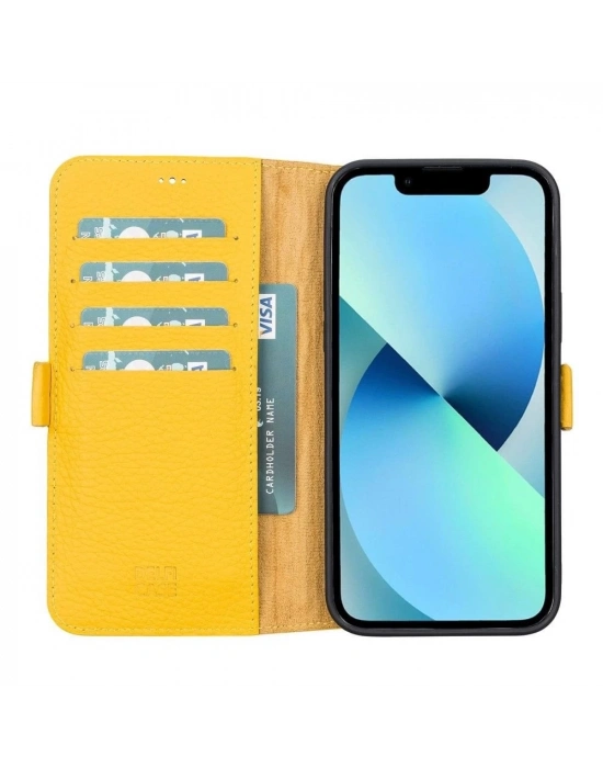 ÇOK SATAN Apple iPhone 13 Pro Max Uyumlu Deri Cüzdanlı Kılıf Limon Sarı
