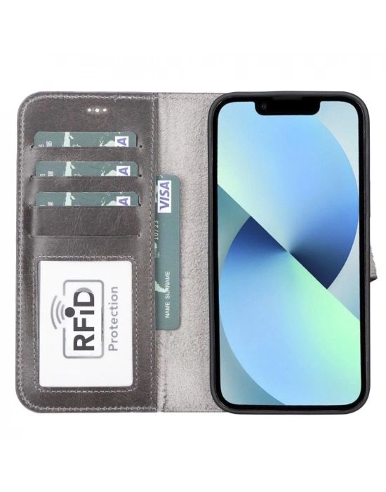 ÇOK SATAN Apple iPhone 13 Pro Max Uyumlu Deri Cüzdanlı Kılıf MWWN TN1 Gri