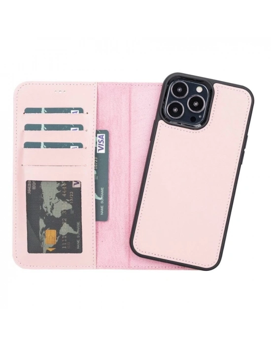 ÇOK SATAN Apple iPhone 13 Pro Max Uyumlu Deri Cüzdanlı Kılıf NU2 Pembe