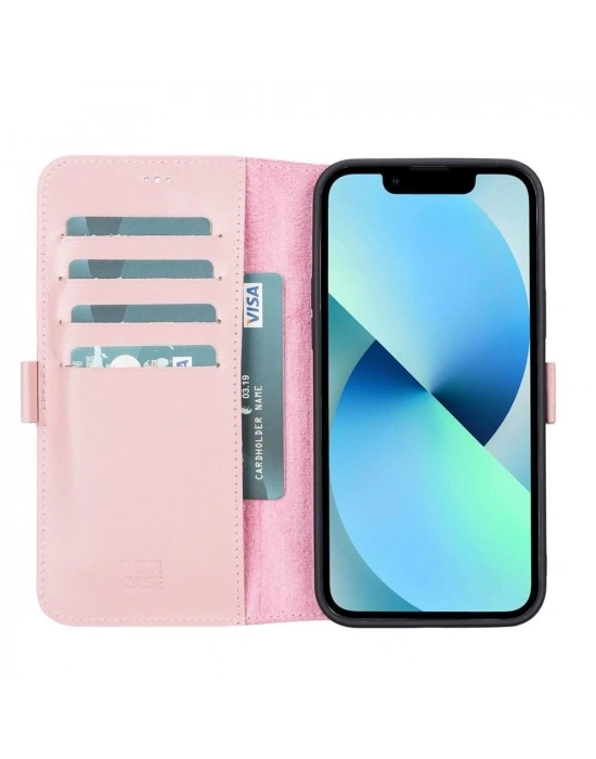 ÇOK SATAN Apple iPhone 13 Pro Max Uyumlu Deri Cüzdanlı Kılıf Toz Pembe