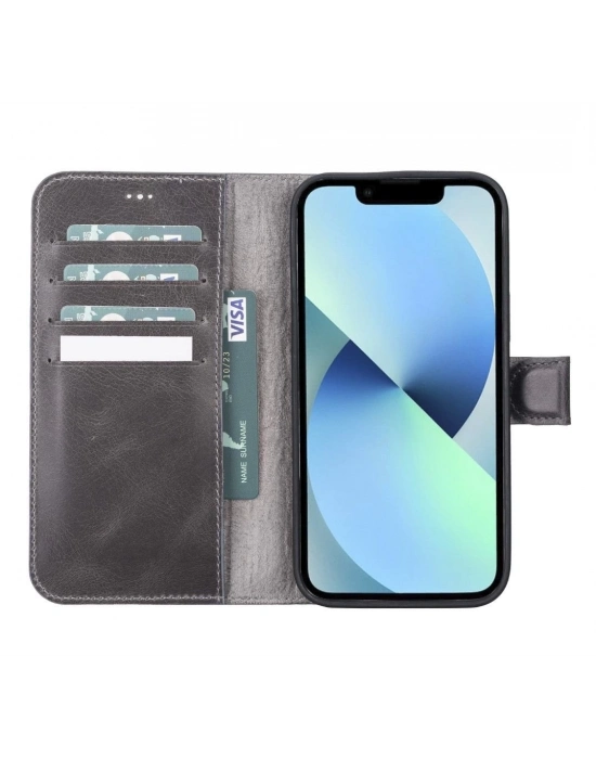ÇOK SATAN Apple iPhone 13 Pro Max Uyumlu Deri Cüzdanlı Kılıf VS4EF Gri