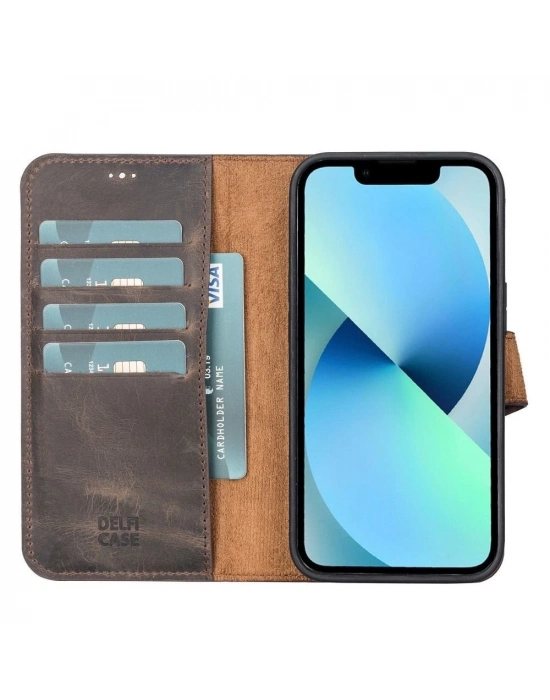 ÇOK SATAN Apple iPhone 13 Pro Uyumlu Deri Cüzdanlı Kılıf Acı Kahve