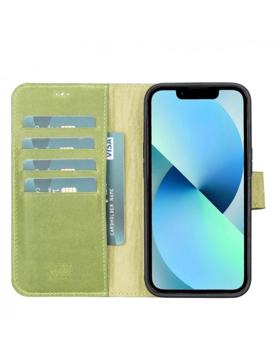 ÇOK SATAN Apple iPhone 13 Pro Uyumlu Deri Cüzdanlı Kılıf Antik yeşil