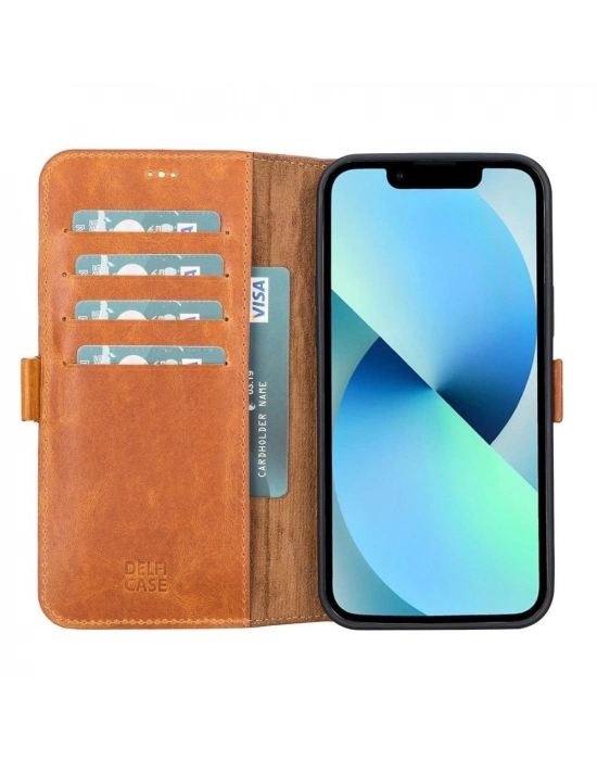 ÇOK SATAN Apple iPhone 13 Pro Uyumlu Deri Cüzdanlı Kılıf Karamel