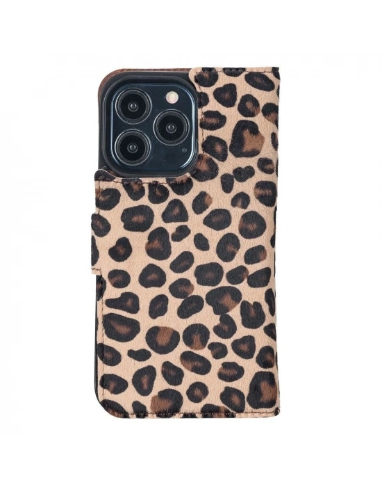 ÇOK SATAN Apple iPhone 13 Pro Uyumlu Deri Cüzdanlı Kılıf Leopar Desen