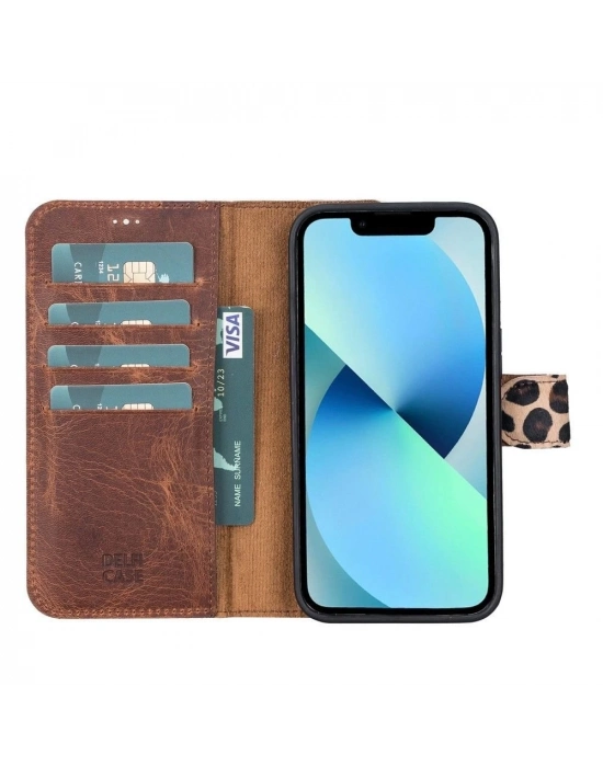 ÇOK SATAN Apple iPhone 13 Pro Uyumlu Deri Cüzdanlı Kılıf Leopar Desen