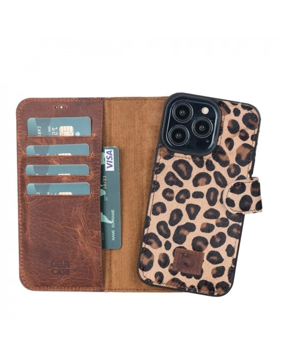 ÇOK SATAN Apple iPhone 13 Pro Uyumlu Deri Cüzdanlı Kılıf Leopar Desen