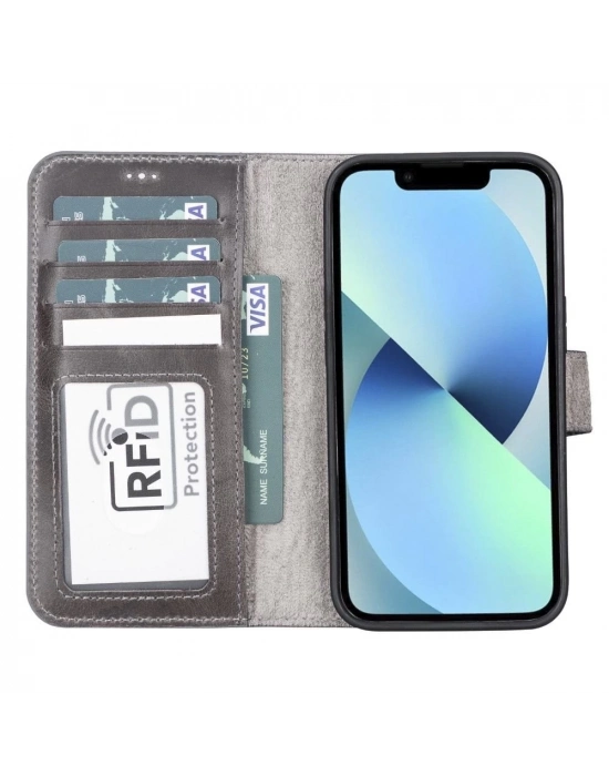 ÇOK SATAN Apple iPhone 13 Pro Uyumlu Deri Cüzdanlı Kılıf MWWN TN1 Gri