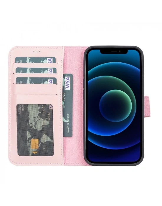 ÇOK SATAN Apple iPhone 13 Pro Uyumlu Deri Cüzdanlı Kılıf NU2 Pembe