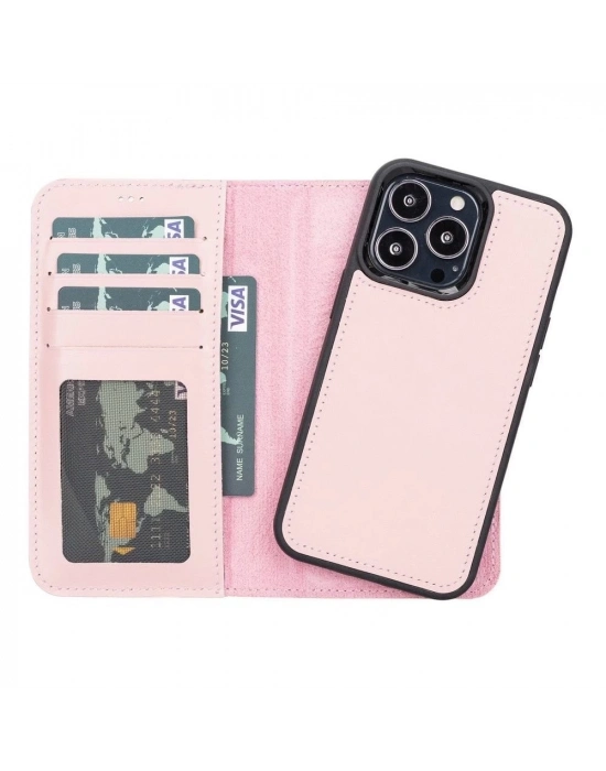 ÇOK SATAN Apple iPhone 13 Pro Uyumlu Deri Cüzdanlı Kılıf NU2 Pembe