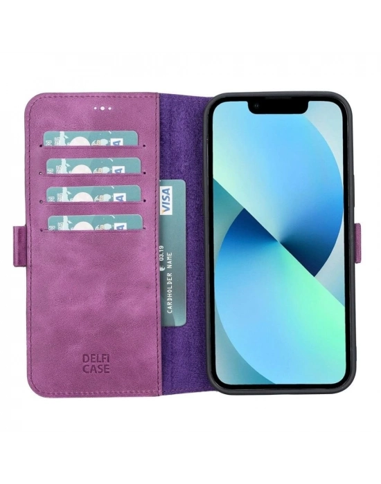 ÇOK SATAN Apple iPhone 13 Pro Uyumlu Deri Cüzdanlı Kılıf Rustik Mor