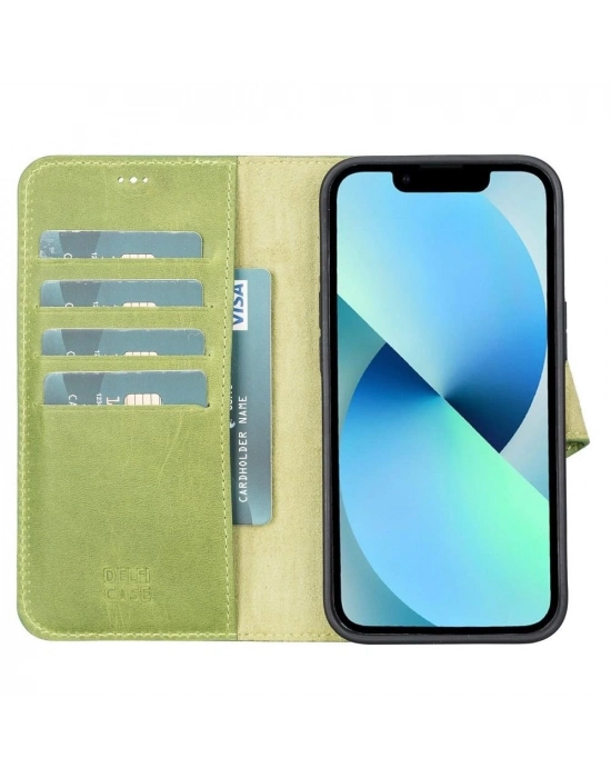 ÇOK SATAN Apple iPhone 13 Uyumlu Deri Cüzdanlı Kılıf Antik yeşil