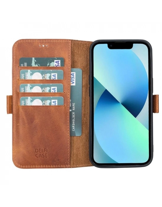 ÇOK SATAN Apple iPhone 13 Uyumlu Deri Cüzdanlı Kılıf Karamel