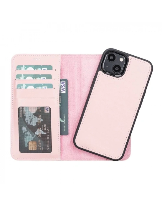 ÇOK SATAN Apple iPhone 13 Uyumlu Deri Cüzdanlı Kılıf NU2 Pembe