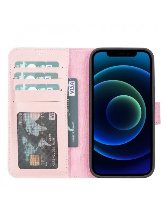ÇOK SATAN Apple iPhone 13 Uyumlu Deri Cüzdanlı Kılıf NU2 Pembe