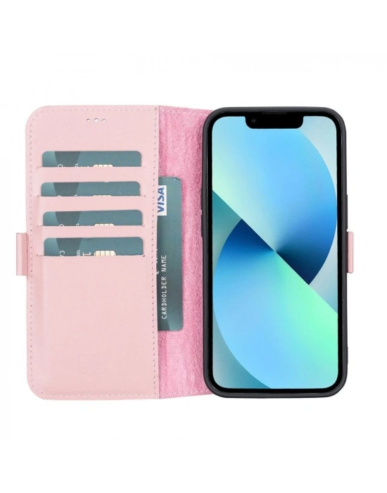 ÇOK SATAN Apple iPhone 13 Uyumlu Deri Cüzdanlı Kılıf Toz Pembe
