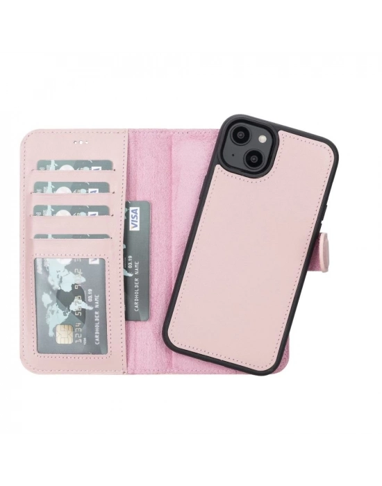 ÇOK SATAN Apple iPhone 14 Plus Uyumlu Deri Cüzdanlı Kılıf MWWN NU2 Pembe