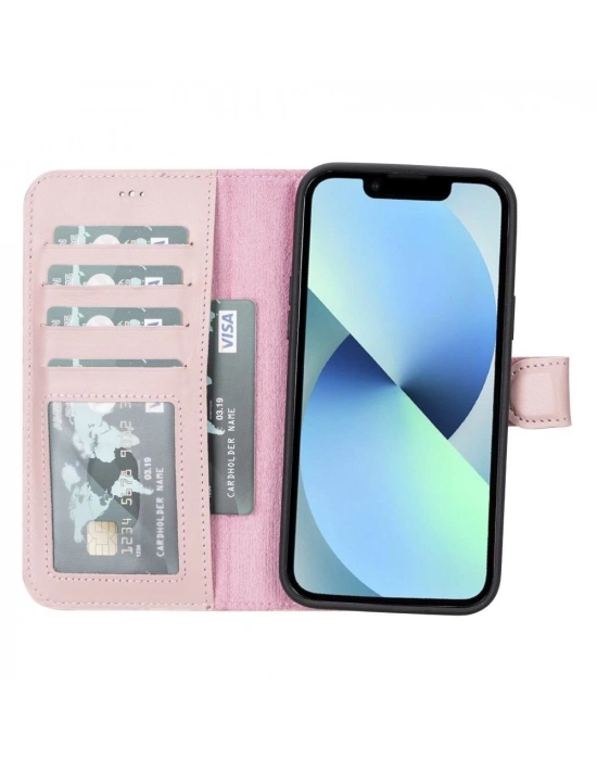 ÇOK SATAN Apple iPhone 14 Plus Uyumlu Deri Cüzdanlı Kılıf MWWN NU2 Pembe