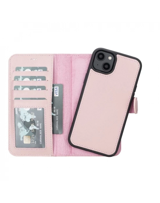 ÇOK SATAN Apple iPhone 14 Plus Uyumlu Deri Cüzdanlı Kılıf MWWN NU2 Pembe