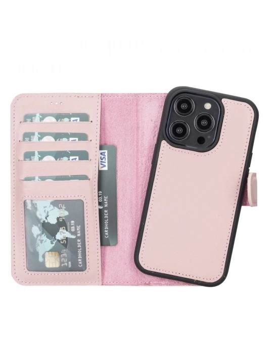 ÇOK SATAN Apple iPhone 14 Pro Uyumlu Deri Cüzdanlı Kılıf MWWN NU2 Pembe