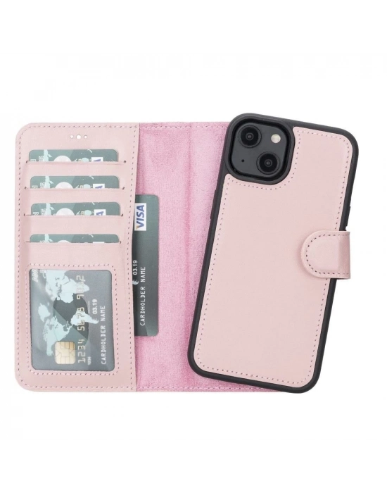 ÇOK SATAN Apple iPhone 14 Uyumlu Deri Cüzdanlı Kılıf MWWN NU2 Pembe