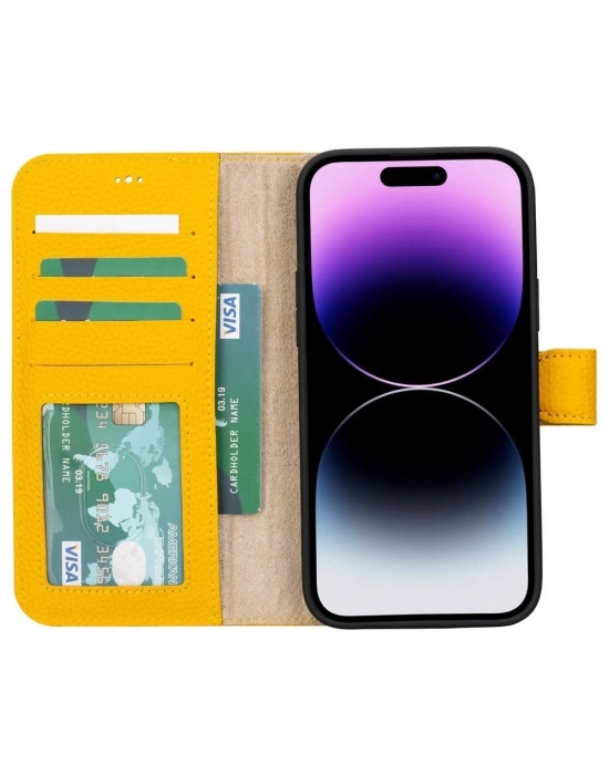 ÇOK SATAN Apple iPhone 15 Plus Uyumlu Deri Cüzdanlı Kılıf MWWN FL12 Sarı