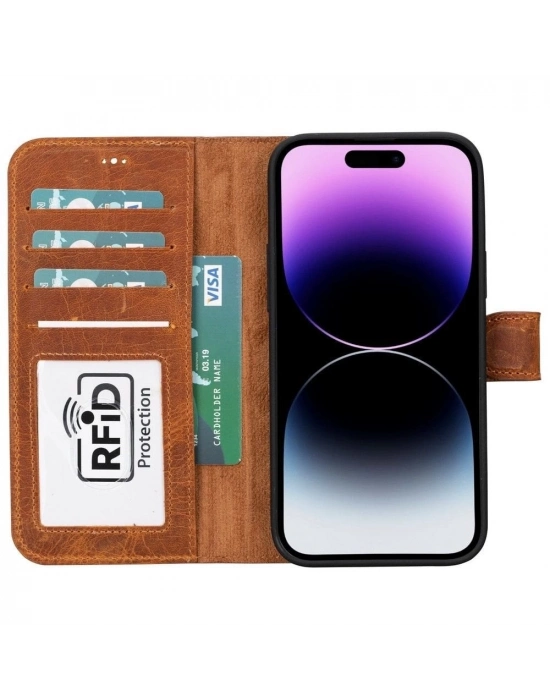 ÇOK SATAN Apple iPhone 15 Plus Uyumlu Deri Cüzdanlı Kılıf MWWN G19 Taba