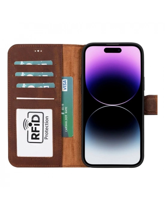 ÇOK SATAN Apple iPhone 15 Plus Uyumlu Deri Cüzdanlı Kılıf MWWN G2 Kahve