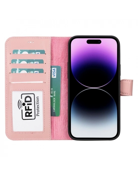 ÇOK SATAN Apple iPhone 15 Plus Uyumlu Deri Cüzdanlı Kılıf MWWN NU2 Pembe