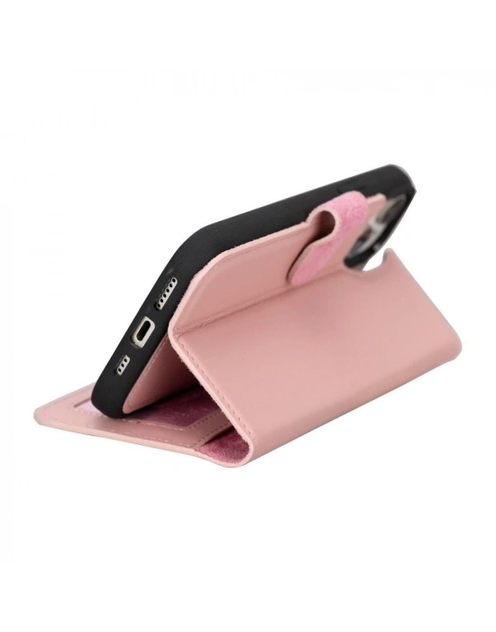 ÇOK SATAN Apple iPhone 15 Plus Uyumlu Deri Cüzdanlı Kılıf MWWN NU2 Pembe