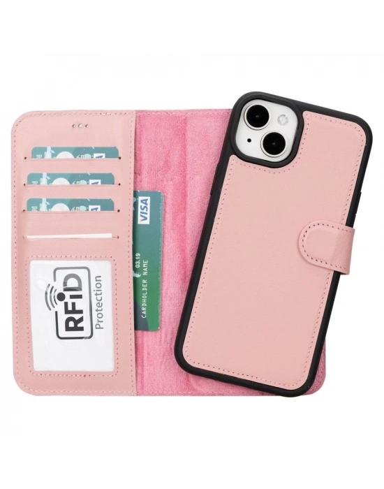 ÇOK SATAN Apple iPhone 15 Plus Uyumlu Deri Cüzdanlı Kılıf MWWN NU2 Pembe
