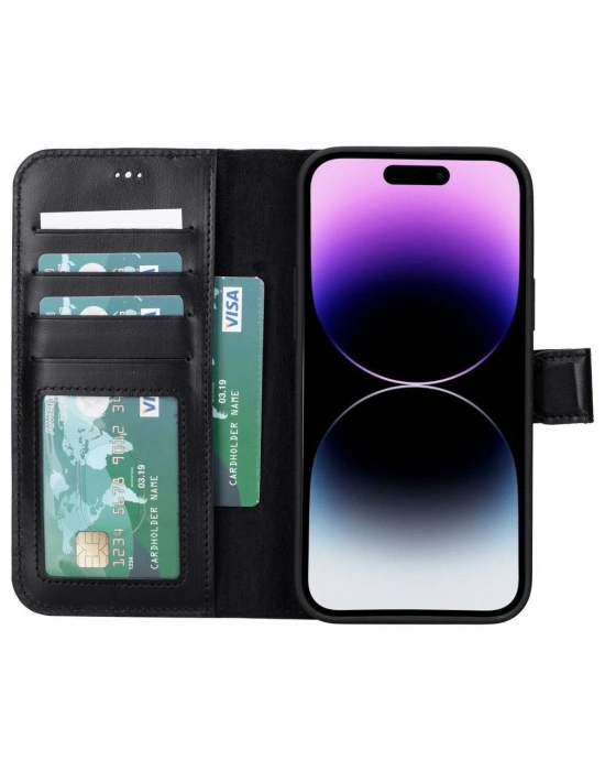 ÇOK SATAN Apple iPhone 15 Plus Uyumlu Deri Cüzdanlı Kılıf MWWN RST1 Siyah