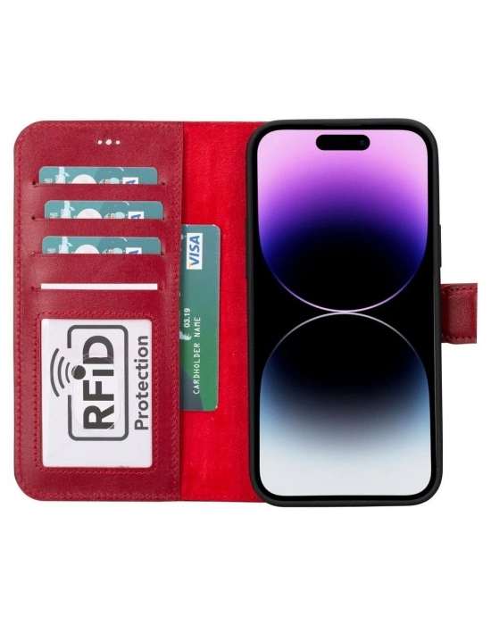 ÇOK SATAN Apple iPhone 15 Plus Uyumlu Deri Cüzdanlı Kılıf MWWN V4EF Kırmızı