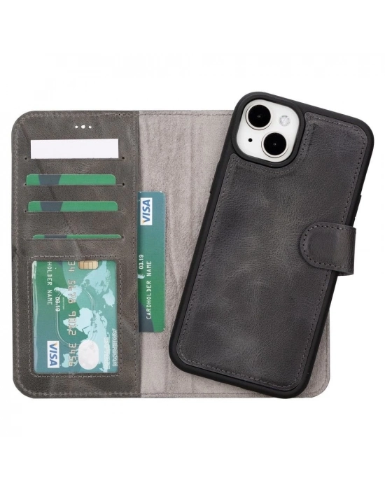 ÇOK SATAN Apple iPhone 15 Plus Uyumlu Deri Cüzdanlı Kılıf MWWN VS4EF Gri