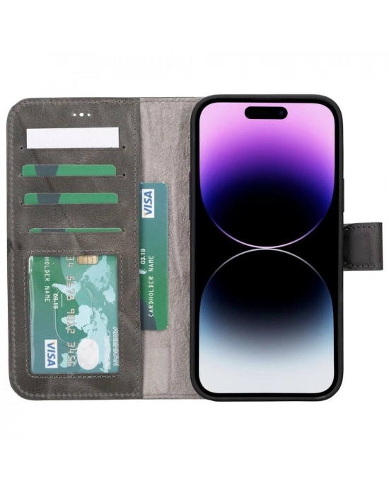 ÇOK SATAN Apple iPhone 15 Plus Uyumlu Deri Cüzdanlı Kılıf MWWN VS4EF Gri
