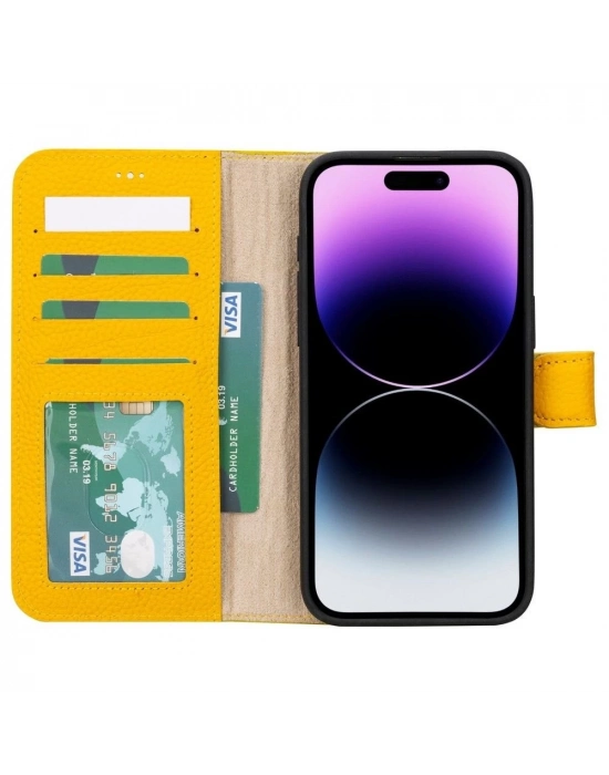 ÇOK SATAN Apple iPhone 15 Pro Max Uyumlu Deri Cüzdanlı Kılıf MWWN FL12 Sarı