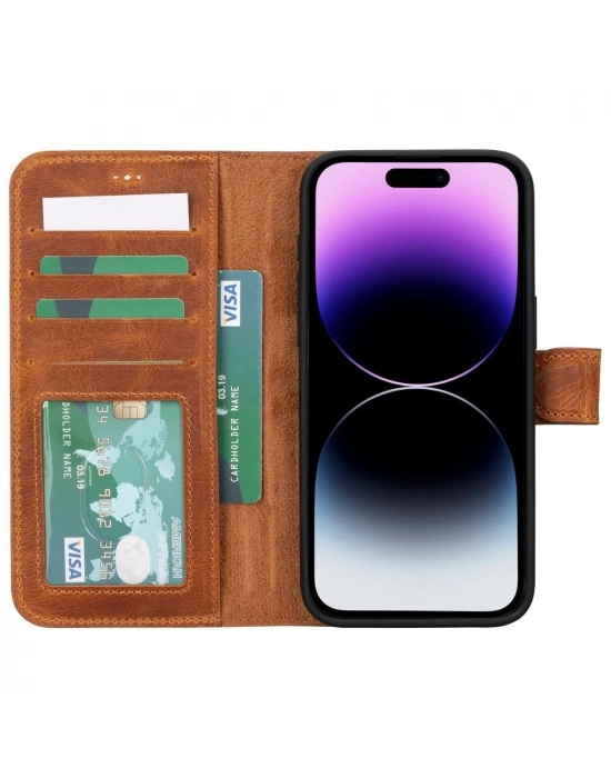 ÇOK SATAN Apple iPhone 15 Pro Max Uyumlu Deri Cüzdanlı Kılıf MWWN G19 Taba