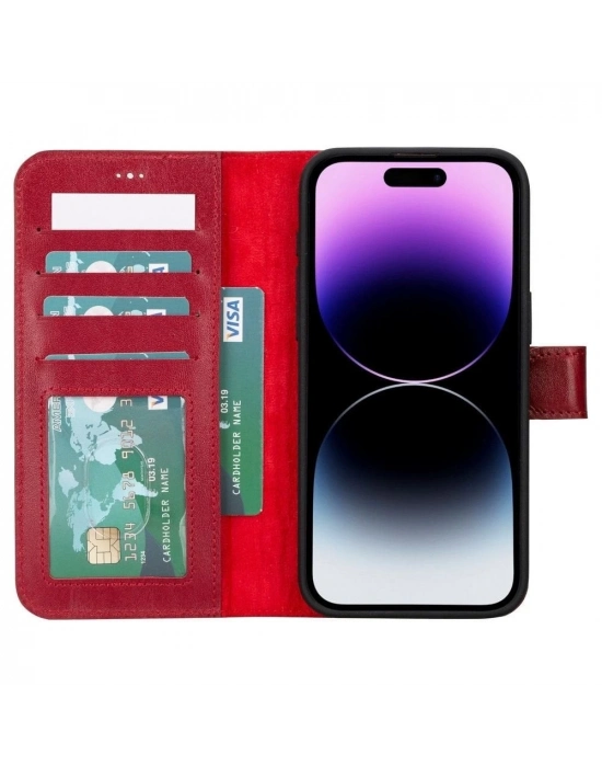 ÇOK SATAN Apple iPhone 15 Pro Max Uyumlu Deri Cüzdanlı Kılıf MWWN V4EF Kırmızı