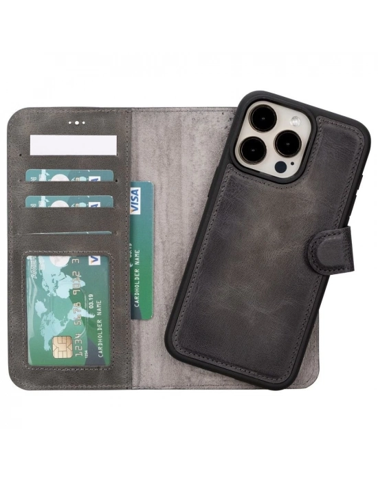 ÇOK SATAN Apple iPhone 15 Pro Max Uyumlu Deri Cüzdanlı Kılıf MWWN VS4EF Gri