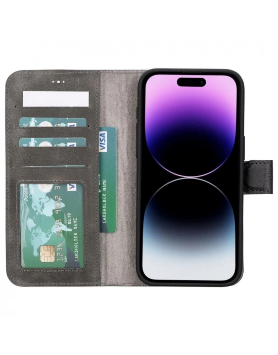 ÇOK SATAN Apple iPhone 15 Pro Max Uyumlu Deri Cüzdanlı Kılıf MWWN VS4EF Gri