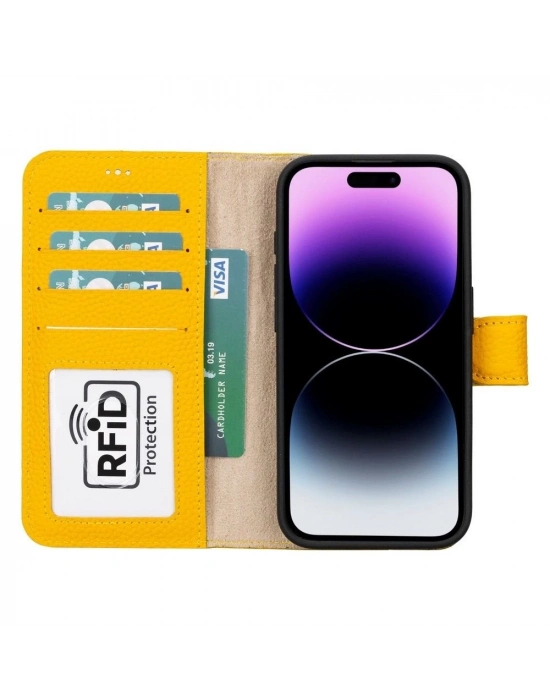 ÇOK SATAN Apple iPhone 15 Pro Uyumlu Deri Cüzdanlı Kılıf MWWN FL12 Sarı