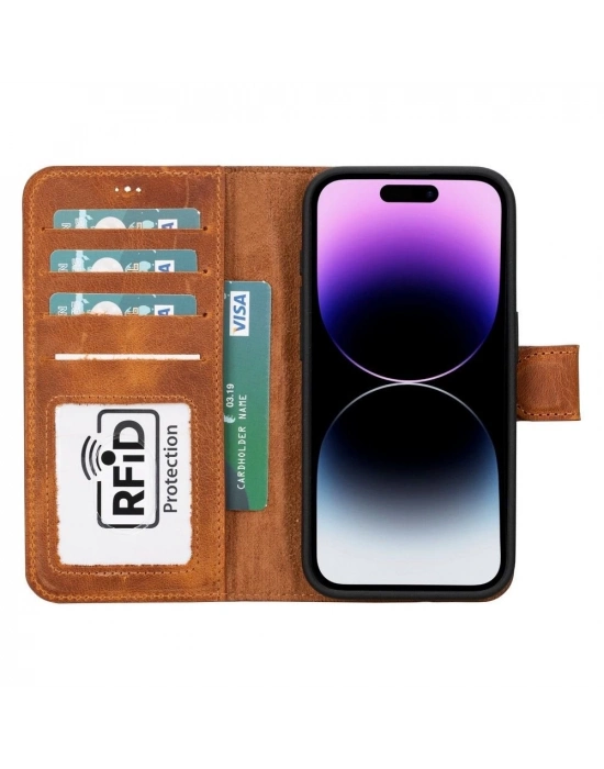ÇOK SATAN Apple iPhone 15 Pro Uyumlu Deri Cüzdanlı Kılıf MWWN G19 Taba