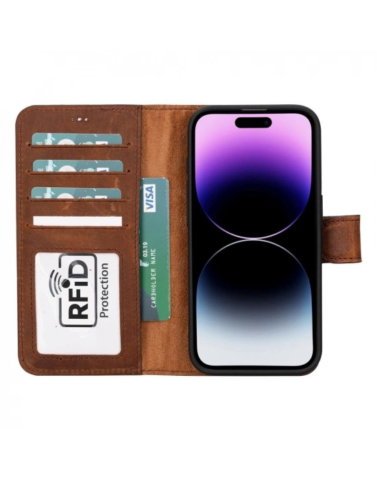 ÇOK SATAN Apple iPhone 15 Pro Uyumlu Deri Cüzdanlı Kılıf MWWN G2 Kahve