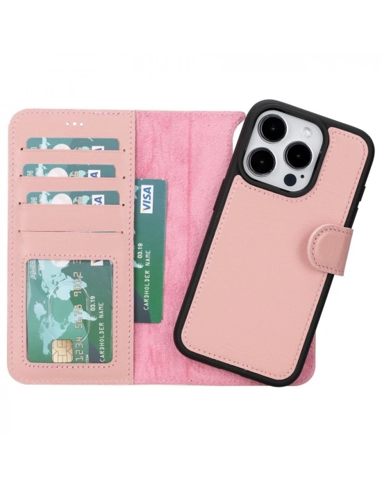 ÇOK SATAN Apple iPhone 15 Pro Uyumlu Deri Cüzdanlı Kılıf MWWN NU2 Pembe